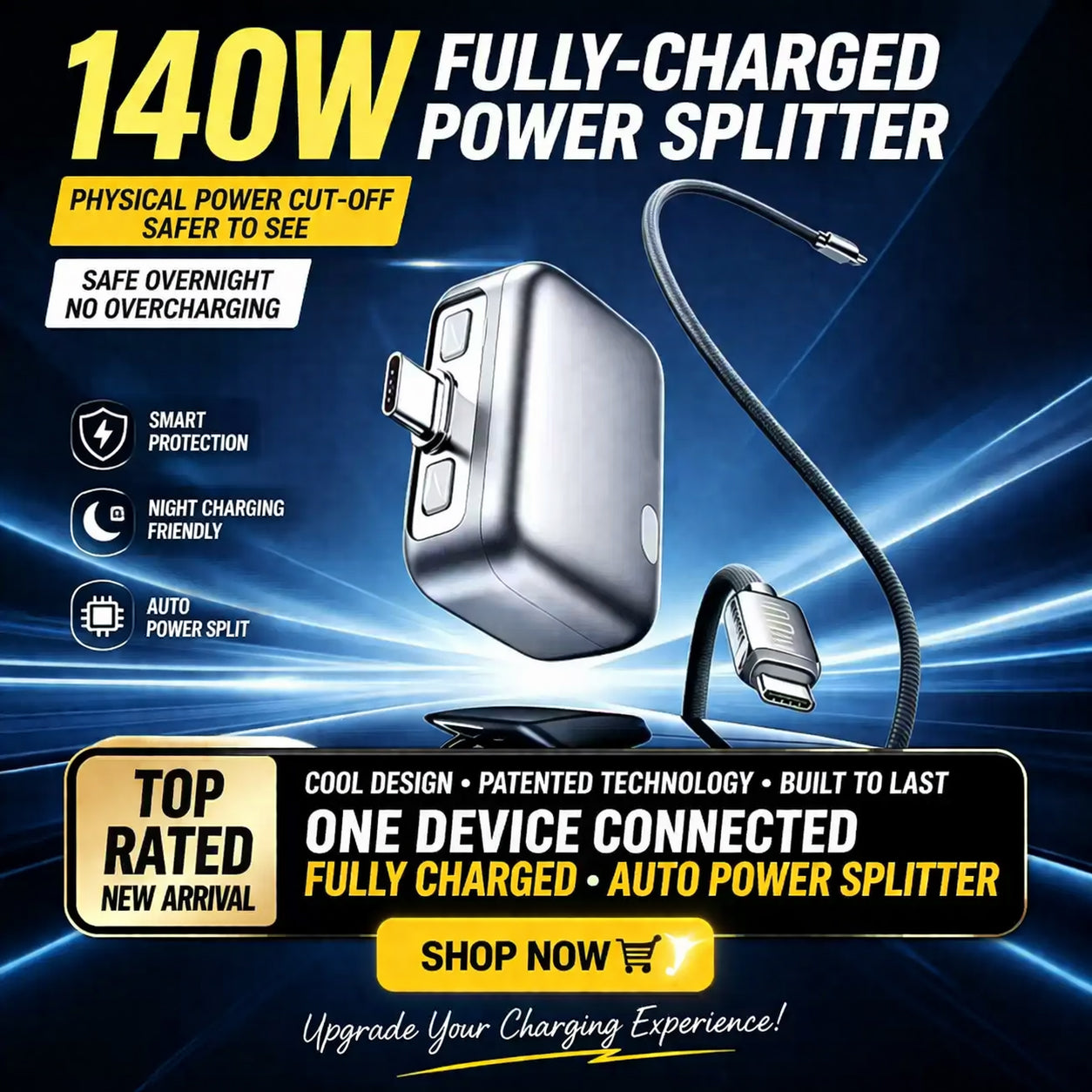 Auto Cut-Off Fast Charging Cable (Safe Overnight Charging)- 140W Smart Power Splitter Adapter