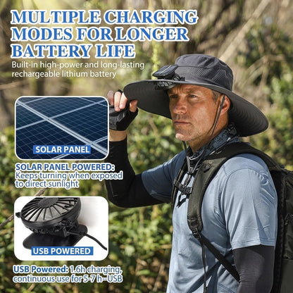 🔥Hot Sale 49% OFF - Wide Brim Solar Fan Outdoor Fishing Hat-Solar & USB Charging